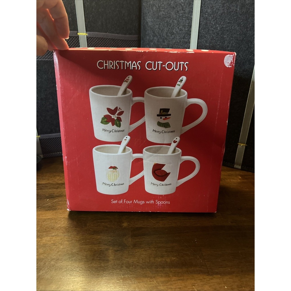 Oneida Christmas Cut-Outs 4 Mugs with Spoons NIB Snowman, Santa, Poinsettia Car
